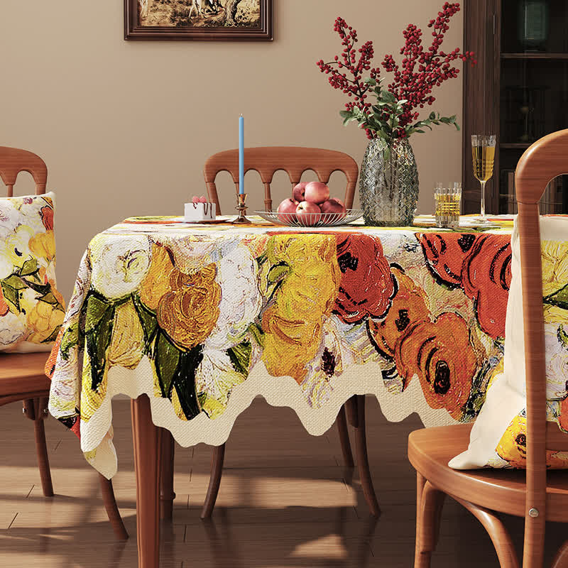 Nappe jacquard à bord festonné et motif floral style peinture à l'huile