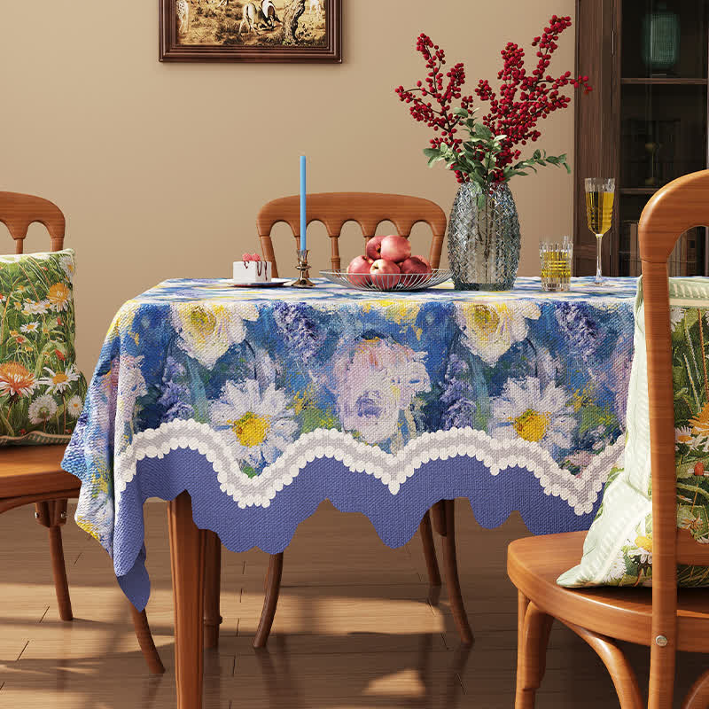 Nappe jacquard à bord festonné et motif floral style peinture à l'huile