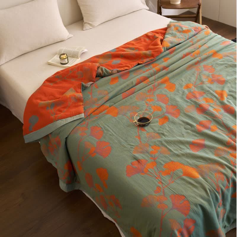 Couette double couche en coton à base de feuilles de ginkgo