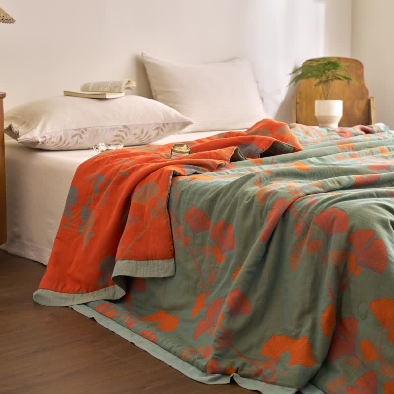 Couette double couche en coton à base de feuilles de ginkgo