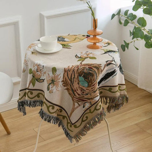 Nappe de style rustique et pastoral avec pompons à fleurs et oiseaux