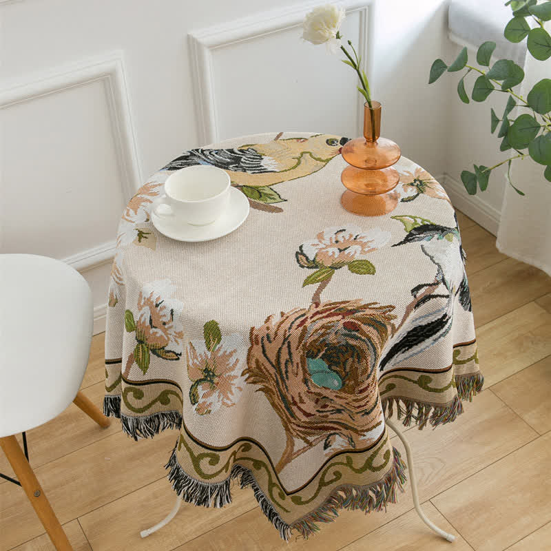 Nappe de style rustique et pastoral avec pompons à fleurs et oiseaux