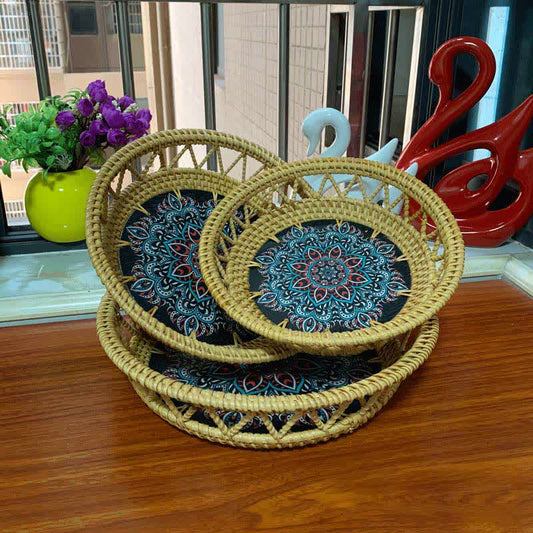 Panier de rangement en rotin Boho imprimé peint à la main
