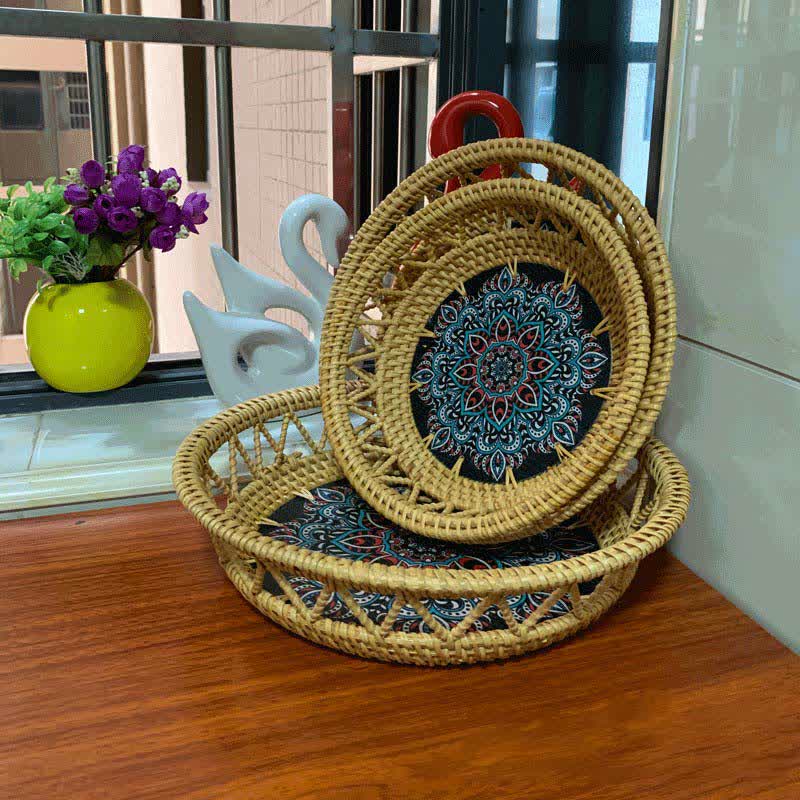 Panier de rangement en rotin Boho imprimé peint à la main