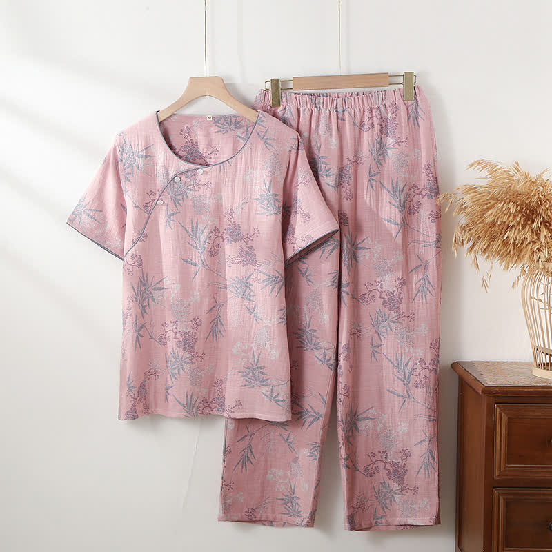 Ensemble pyjama col rond en gaze de coton bambou