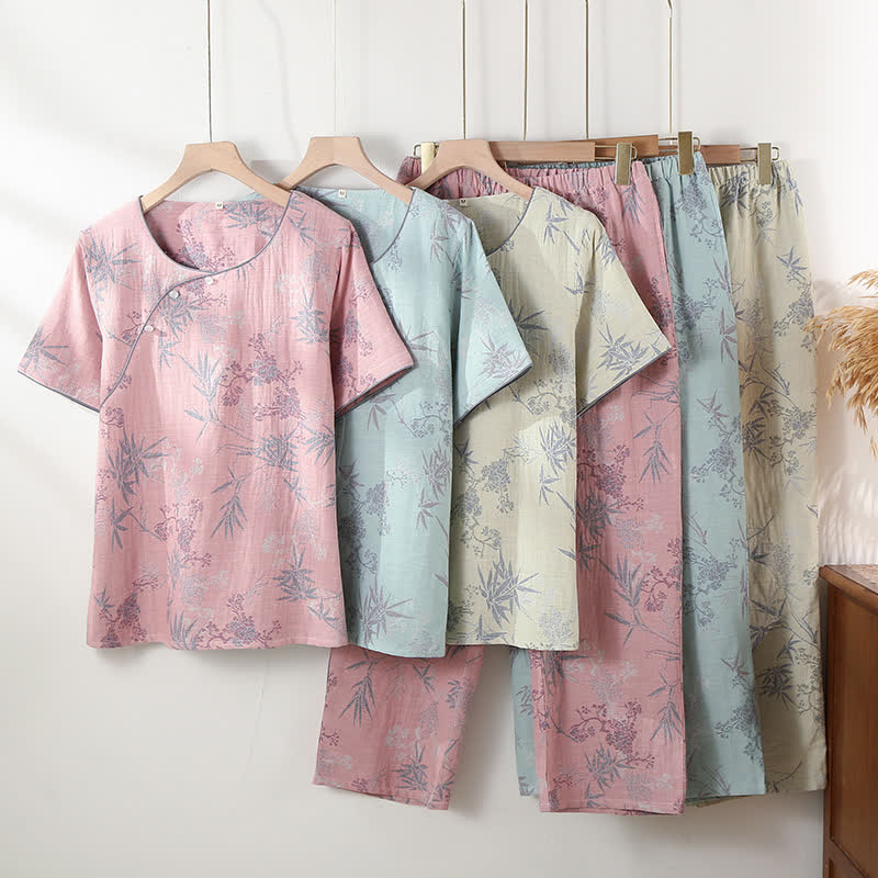 Ensemble pyjama col rond en gaze de coton bambou