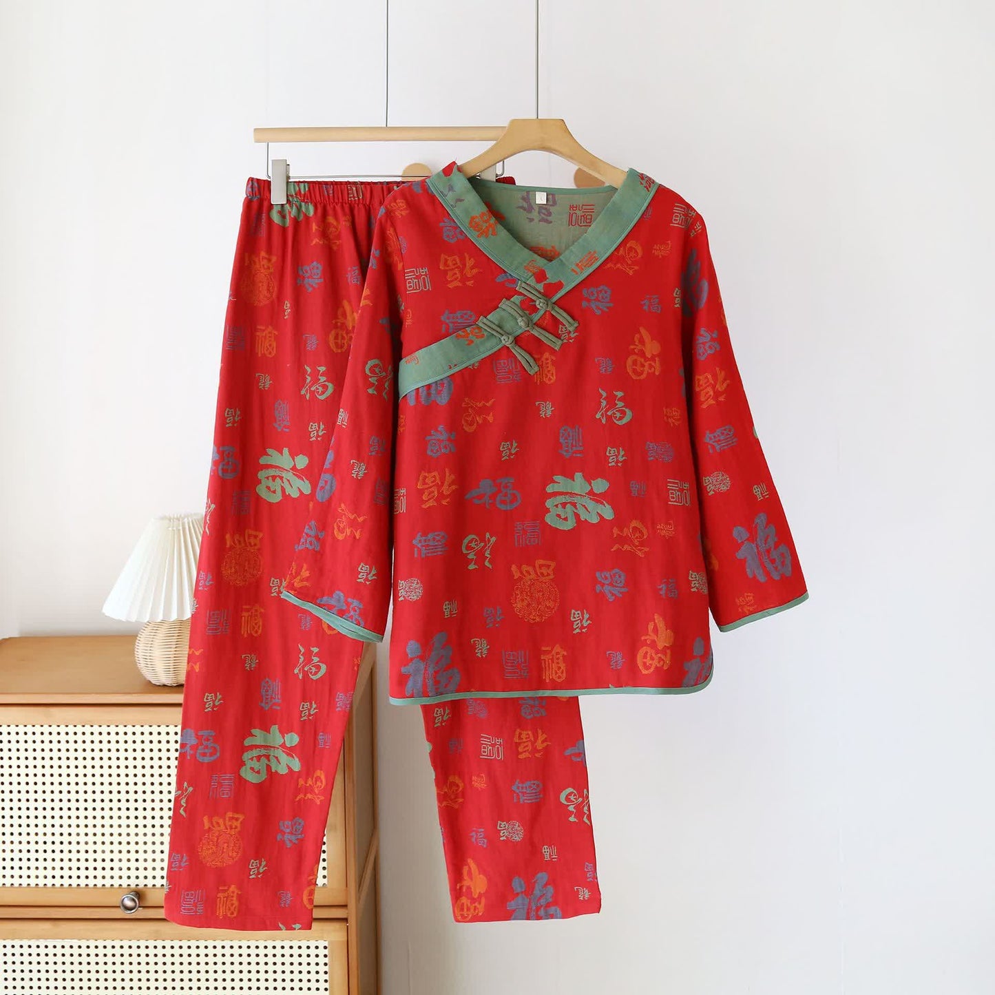 Ensemble de nuit vintage en gaze de coton à col en V - Rouge - 2XL - image 0