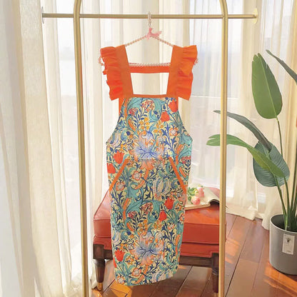 Tablier imperméable et résistant à l'huile avec motif floral rétro