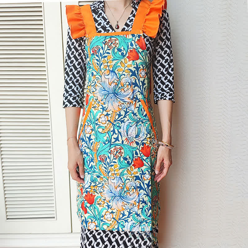 Tablier imperméable et résistant à l'huile avec motif floral rétro