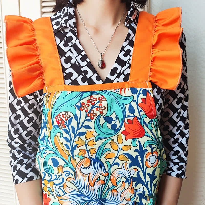 Tablier imperméable et résistant à l'huile avec motif floral rétro