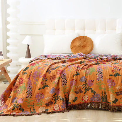 Couette vintage en gaze de coton avec pompons floraux