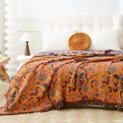 Couette légère en gaze de coton avec pompons à fleurs et oiseaux