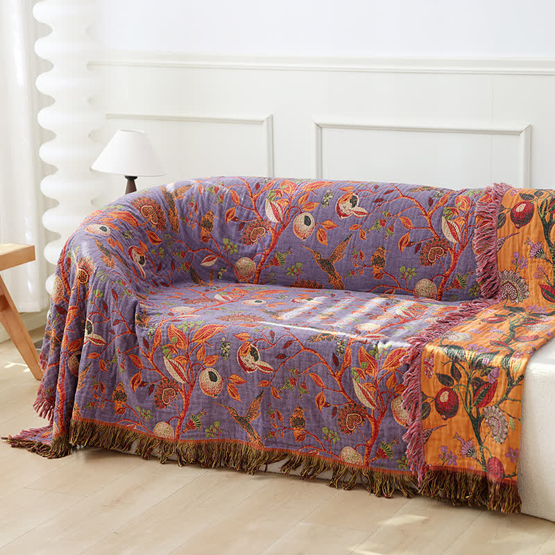 Couette légère en gaze de coton avec pompons à fleurs et oiseaux