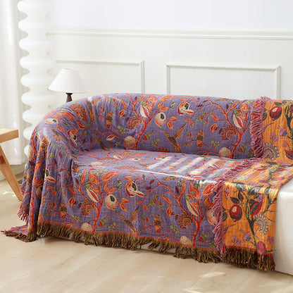 Couette légère en gaze de coton avec pompons à fleurs et oiseaux