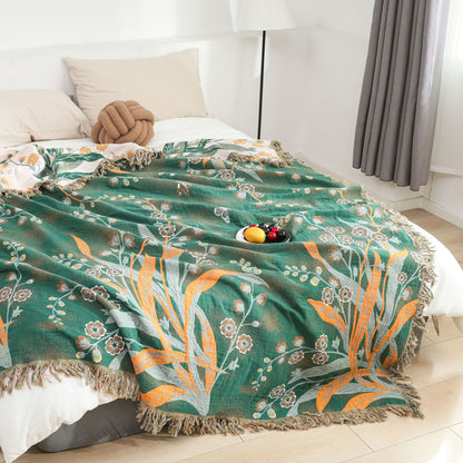 Couette réversible en gaze de coton avec pompons et rafraîchisseur en forme d'herbe