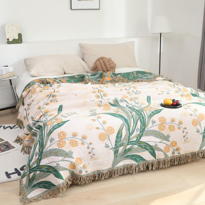 Couette réversible en gaze de coton avec pompons et rafraîchisseur en forme d'herbe