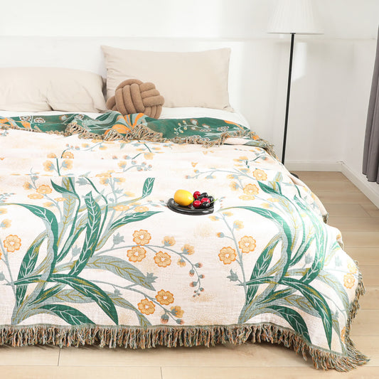 Couette réversible en gaze de coton avec pompons et rafraîchisseur en forme d'herbe