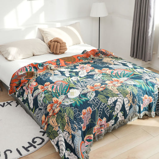 Couette réversible en gaze de coton style forêt avec pompons