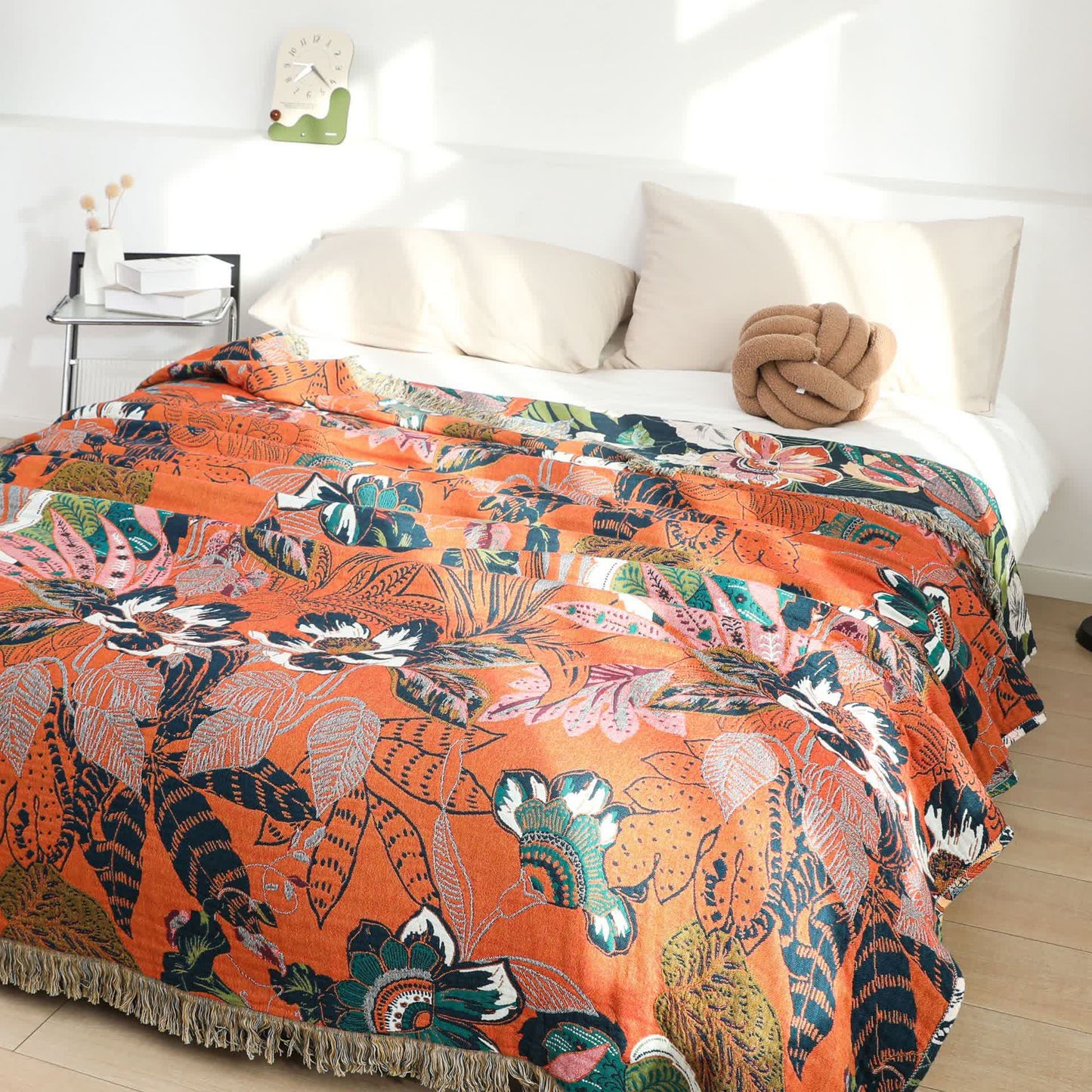 Couette réversible en gaze de coton style forêt avec pompons