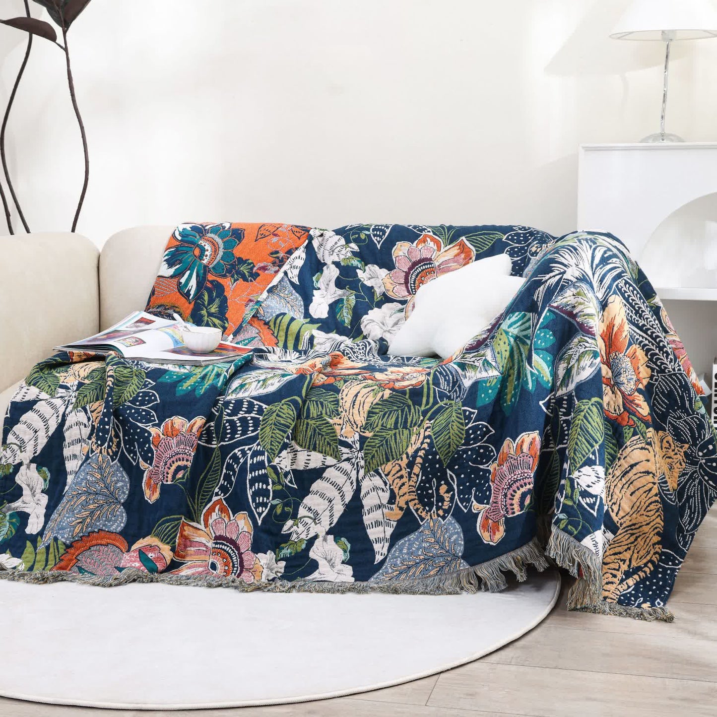 Couette réversible en gaze de coton style forêt avec pompons