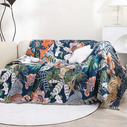 Couette réversible en gaze de coton style forêt avec pompons