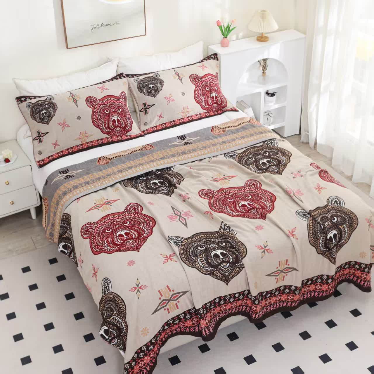 Couette en gaze de coton à motif tête d'ours vintage