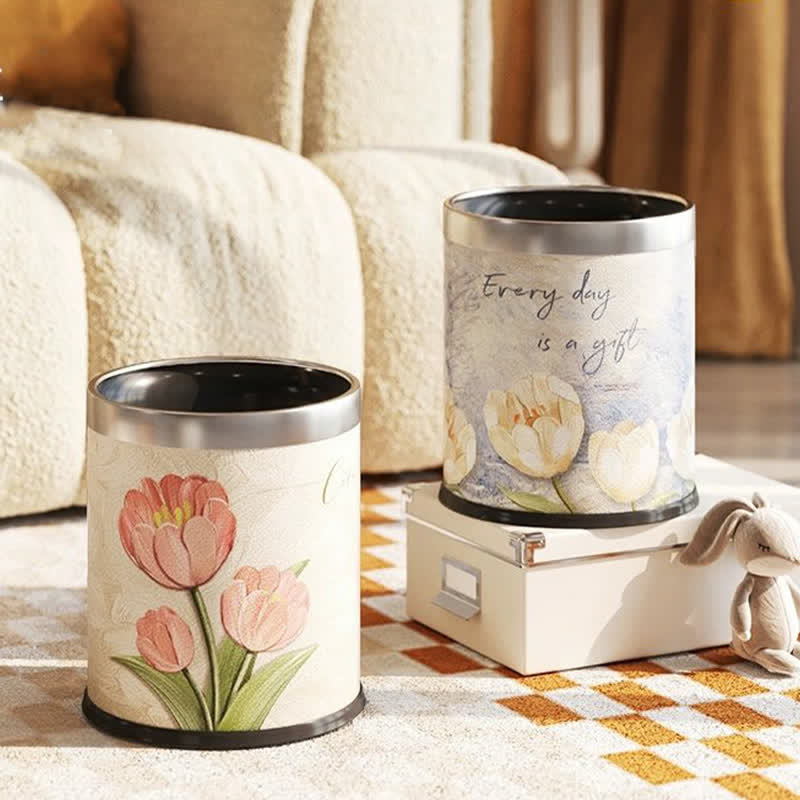 Corbeille à papier en cuir double épaisseur à motif floral