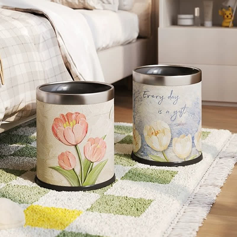Corbeille à papier en cuir double épaisseur à motif floral