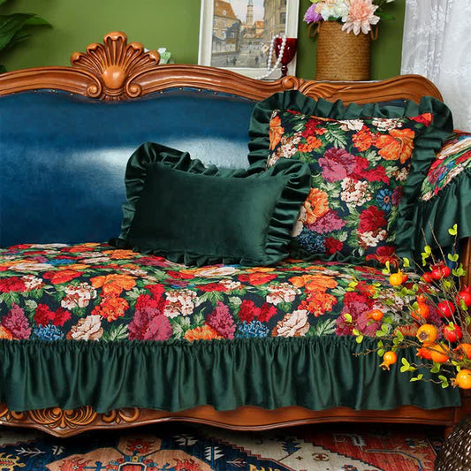 Housse de canapé antidérapante à volants de style vintage avec motif floral