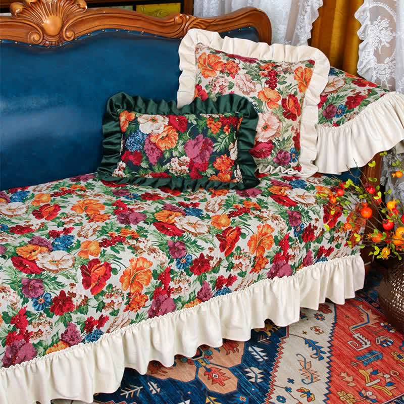 Housse de canapé antidérapante à volants de style vintage avec motif floral
