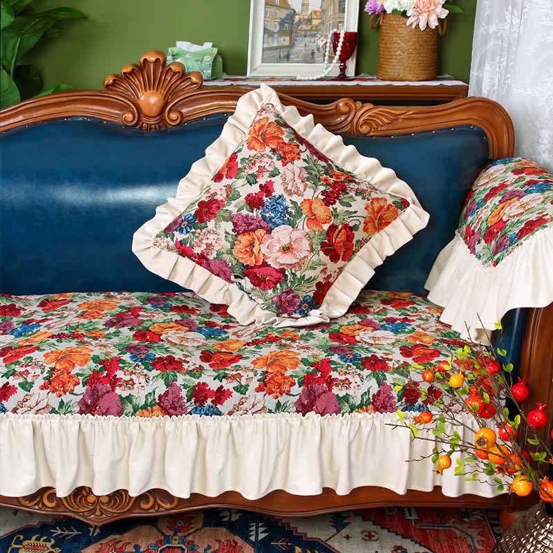 Housse de canapé antidérapante à volants de style vintage avec motif floral