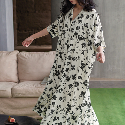 Chemise de nuit en satin doux, respirant et décontracté avec motif floral