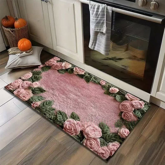 Tapis de sol antidérapant de style pastoral avec motif floral 3D