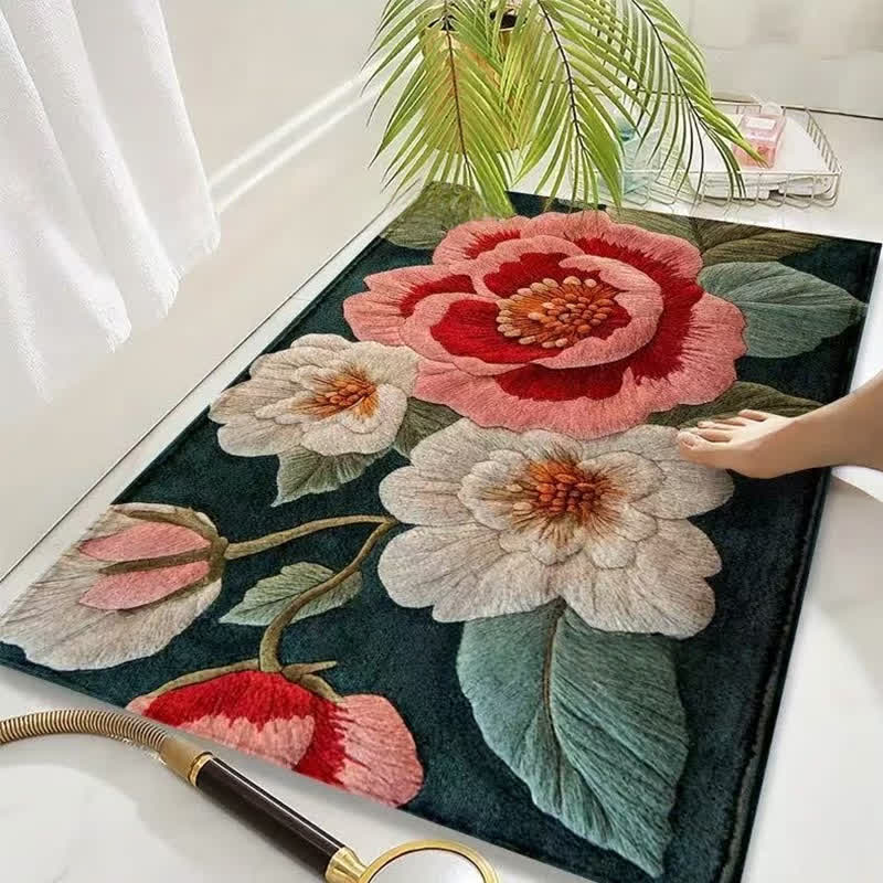 Tapis de sol antidérapant de style pastoral avec motif floral 3D