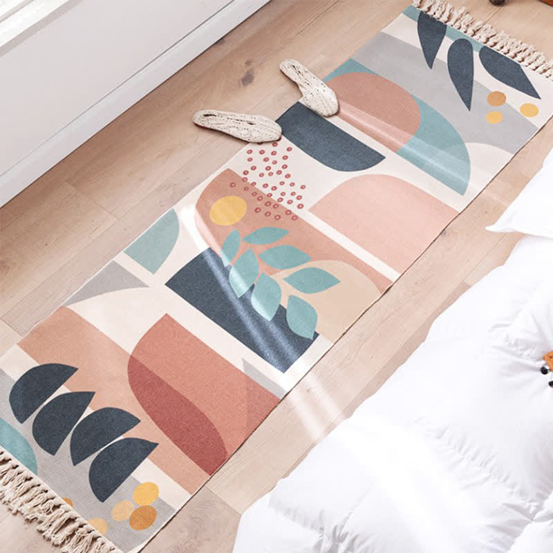Tapis de sol en coton et lin avec motif de branches de plantes et pompon