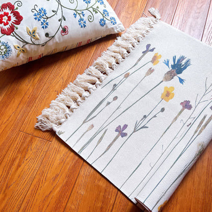 Tapis de sol en coton et lin avec motif de branches de plantes et pompon