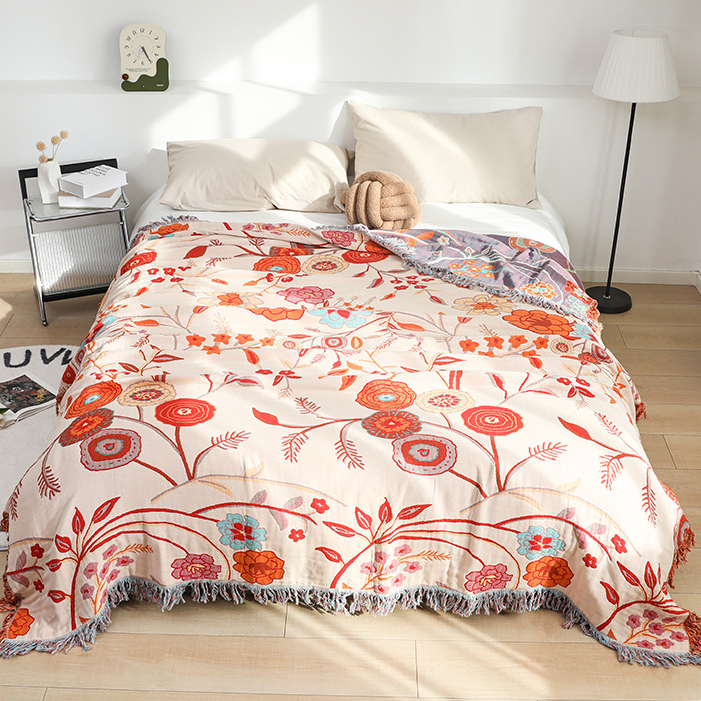Couverture réversible confortable en gaze de coton avec motif floral vintage