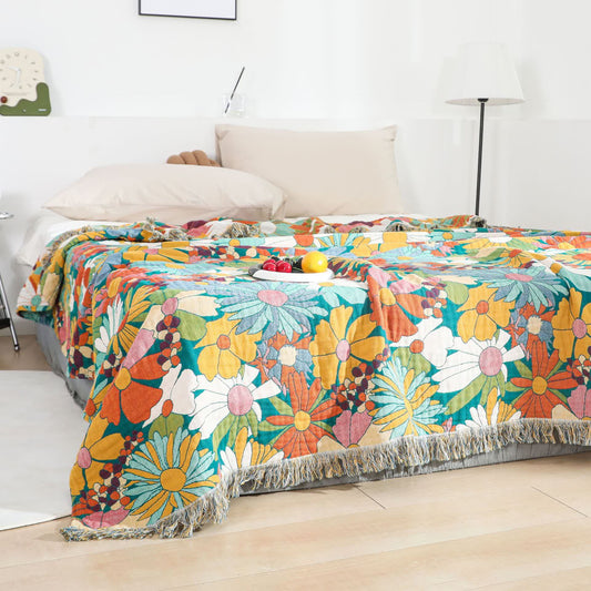 Couette réversible en gaze de coton aux couleurs vives avec pompons