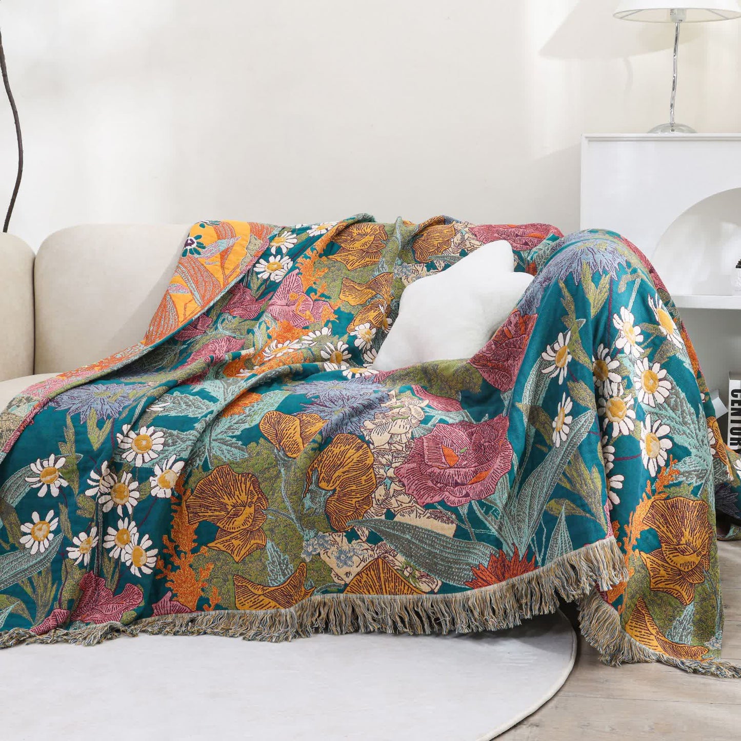 Couverture réversible en gaze de coton avec motif de fleurs de jardin
