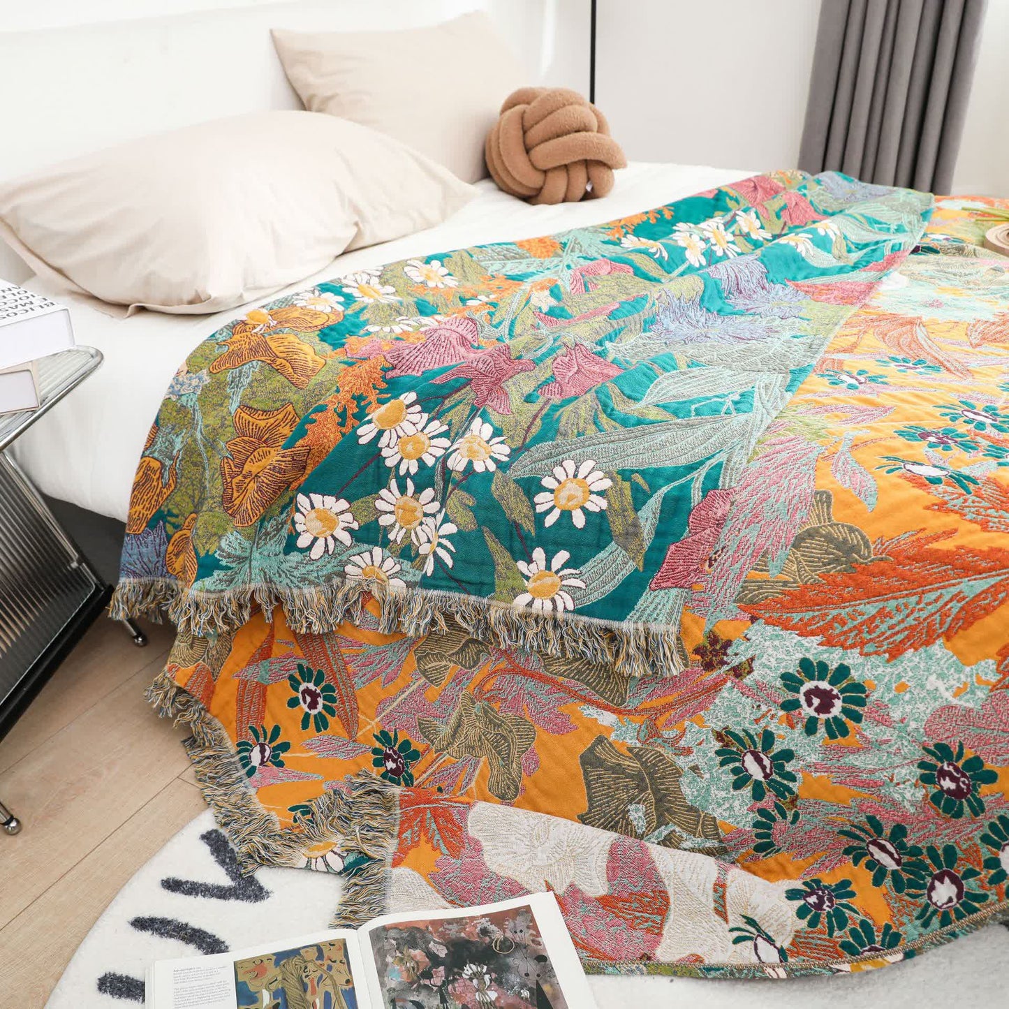 Couverture réversible en gaze de coton avec motif de fleurs de jardin