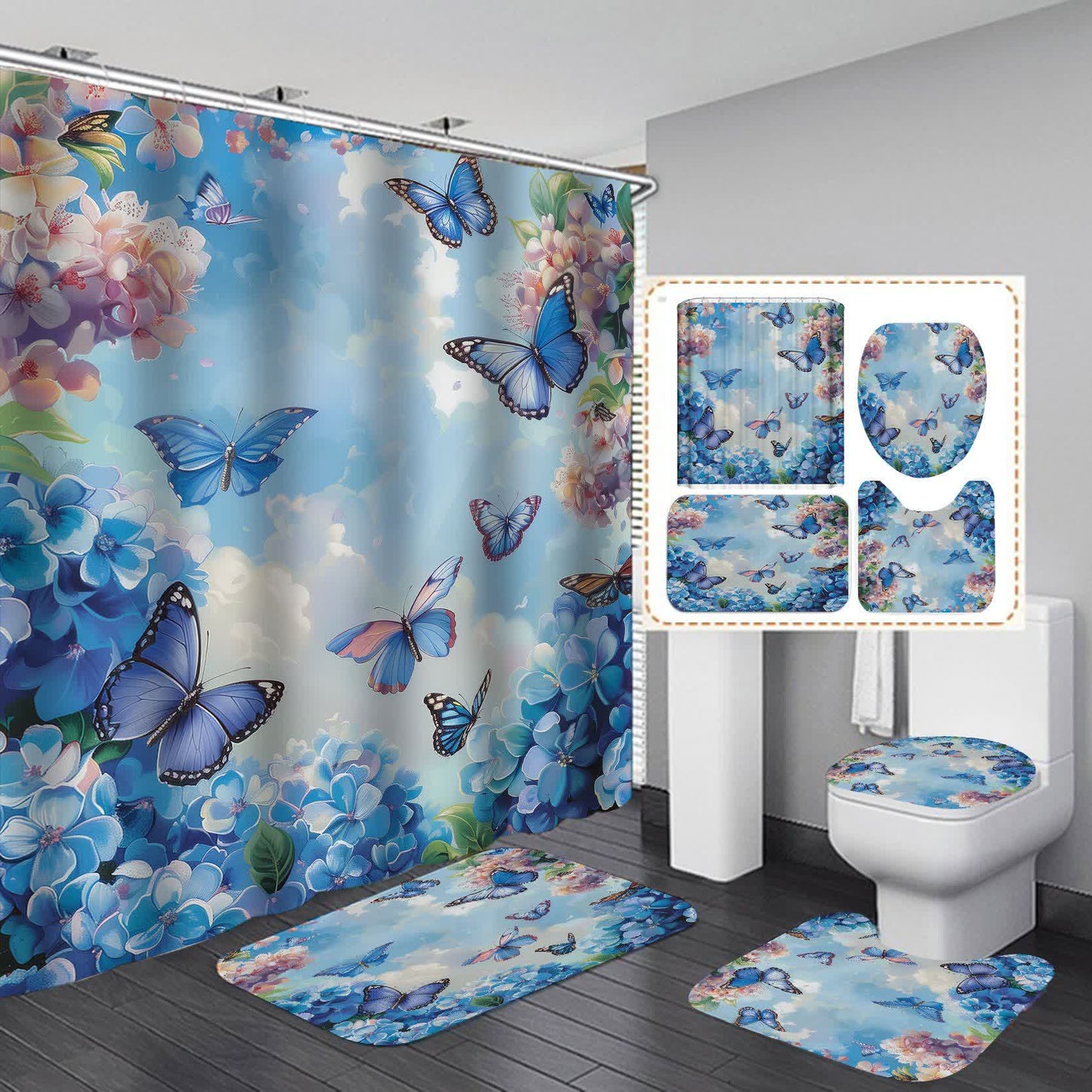 Rideau de douche imperméable avec fleurs et papillons