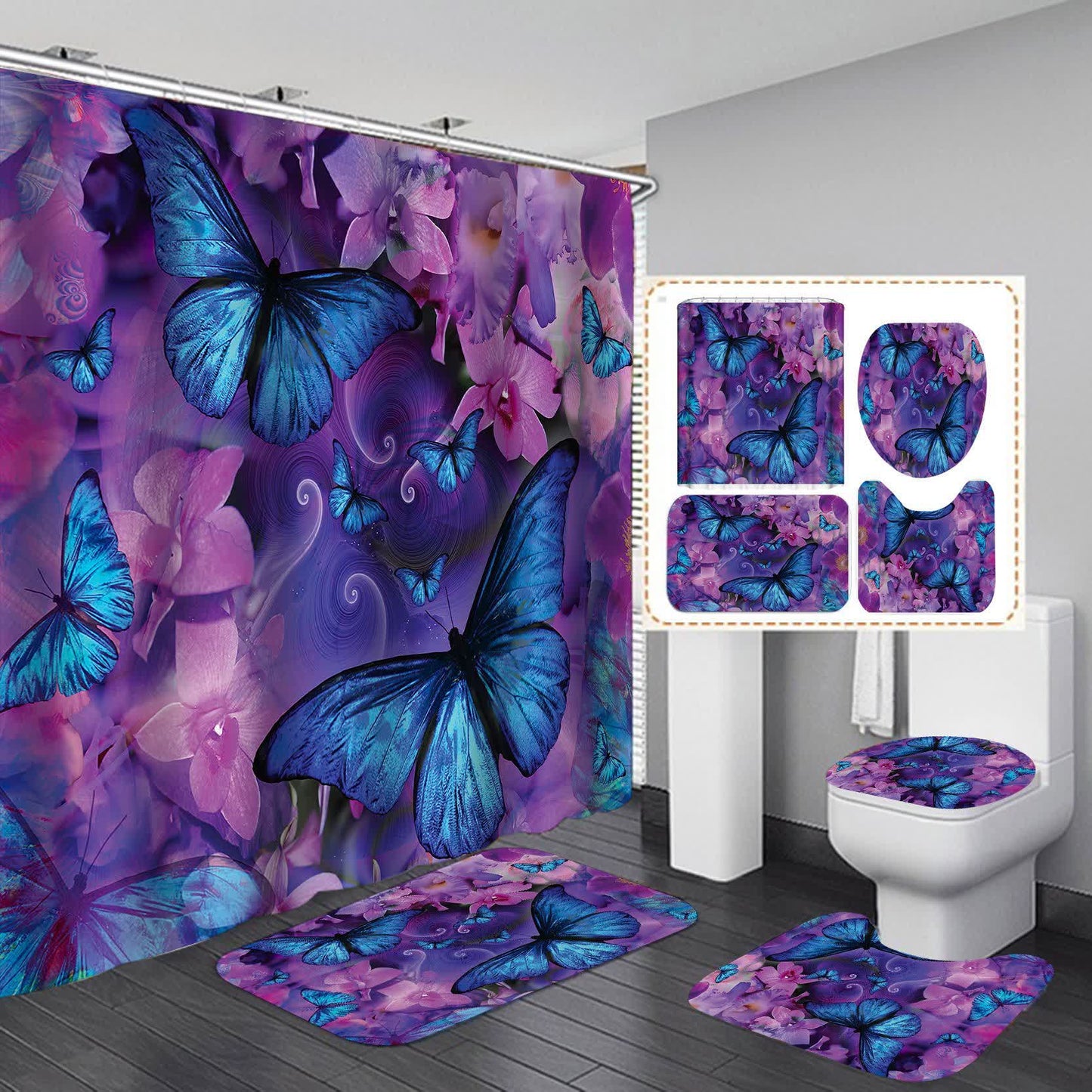 Rideau de douche imperméable avec fleurs et papillons