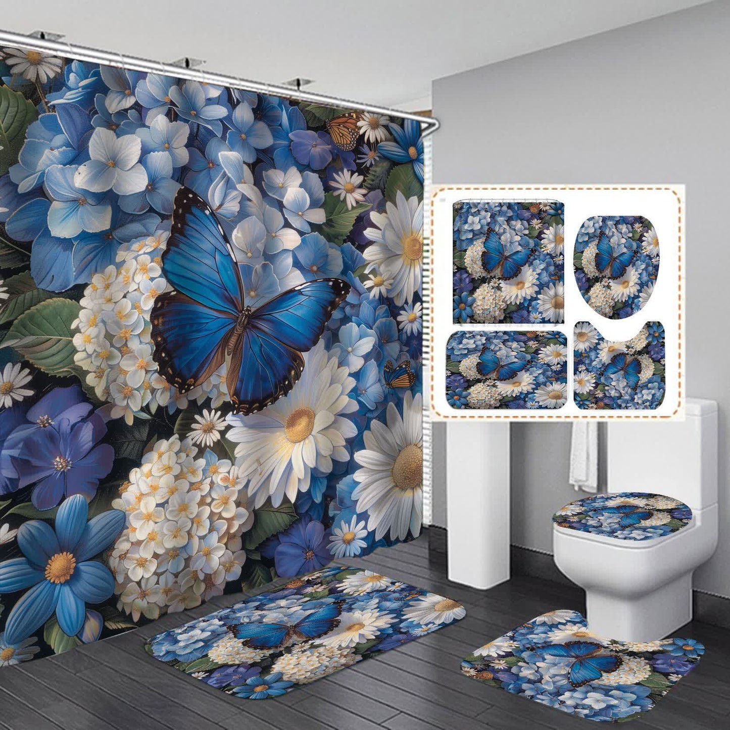 Rideau de douche imperméable avec fleurs et papillons