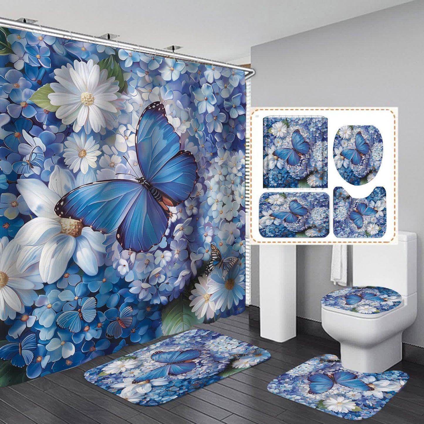 Rideau de douche imperméable avec fleurs et papillons