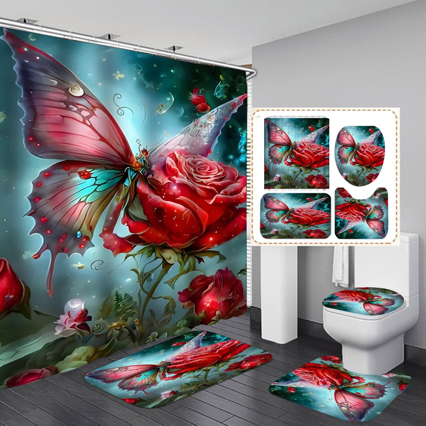 Rideau de douche imperméable avec fleurs et papillons