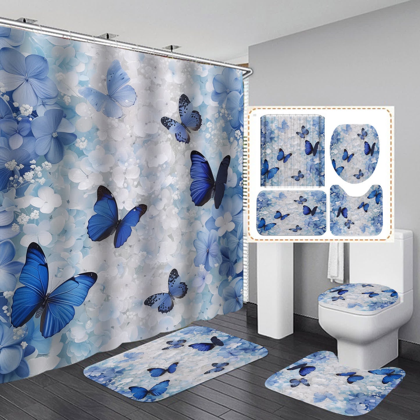 Rideau de douche imperméable avec fleurs et papillons