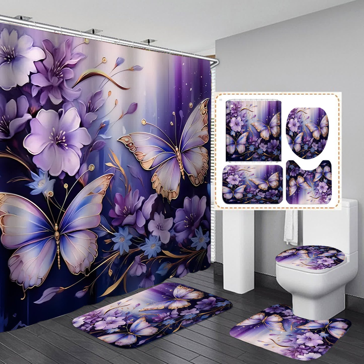 Rideau de douche imperméable avec fleurs et papillons