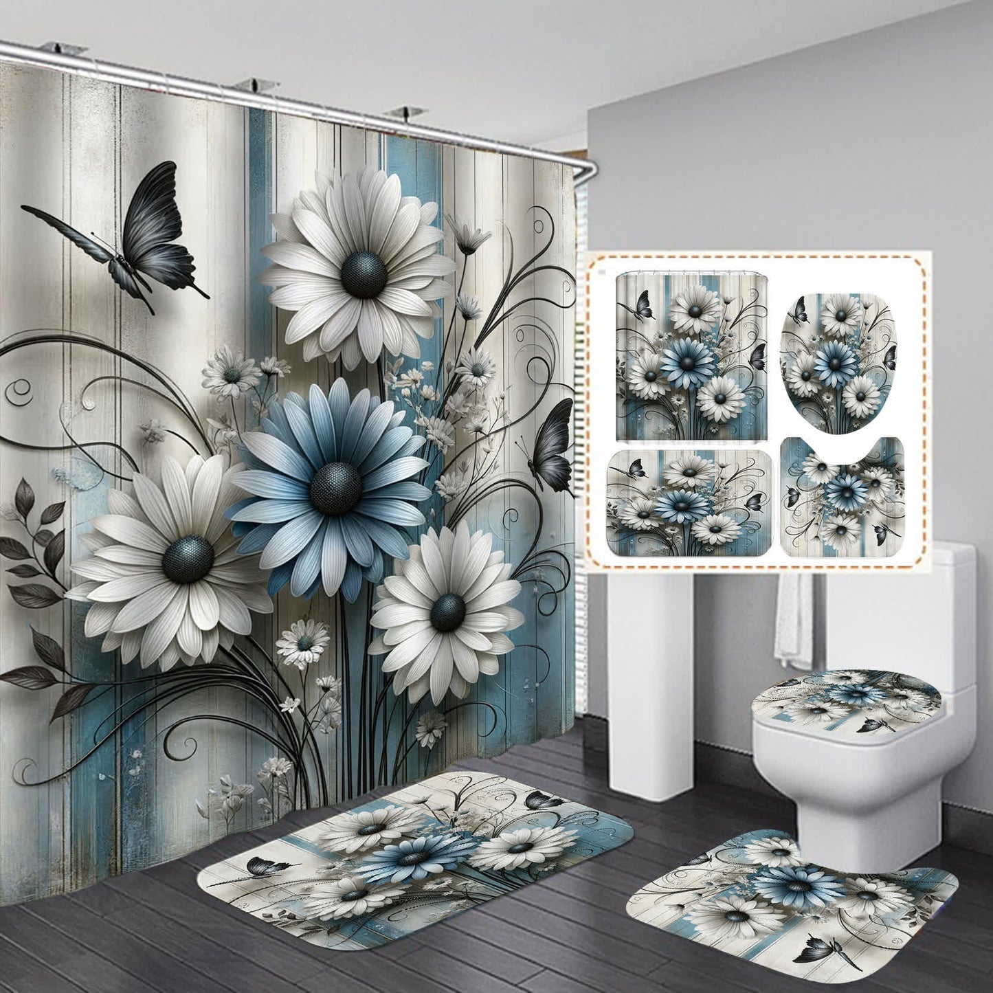 Rideau de douche imperméable avec fleurs et papillons