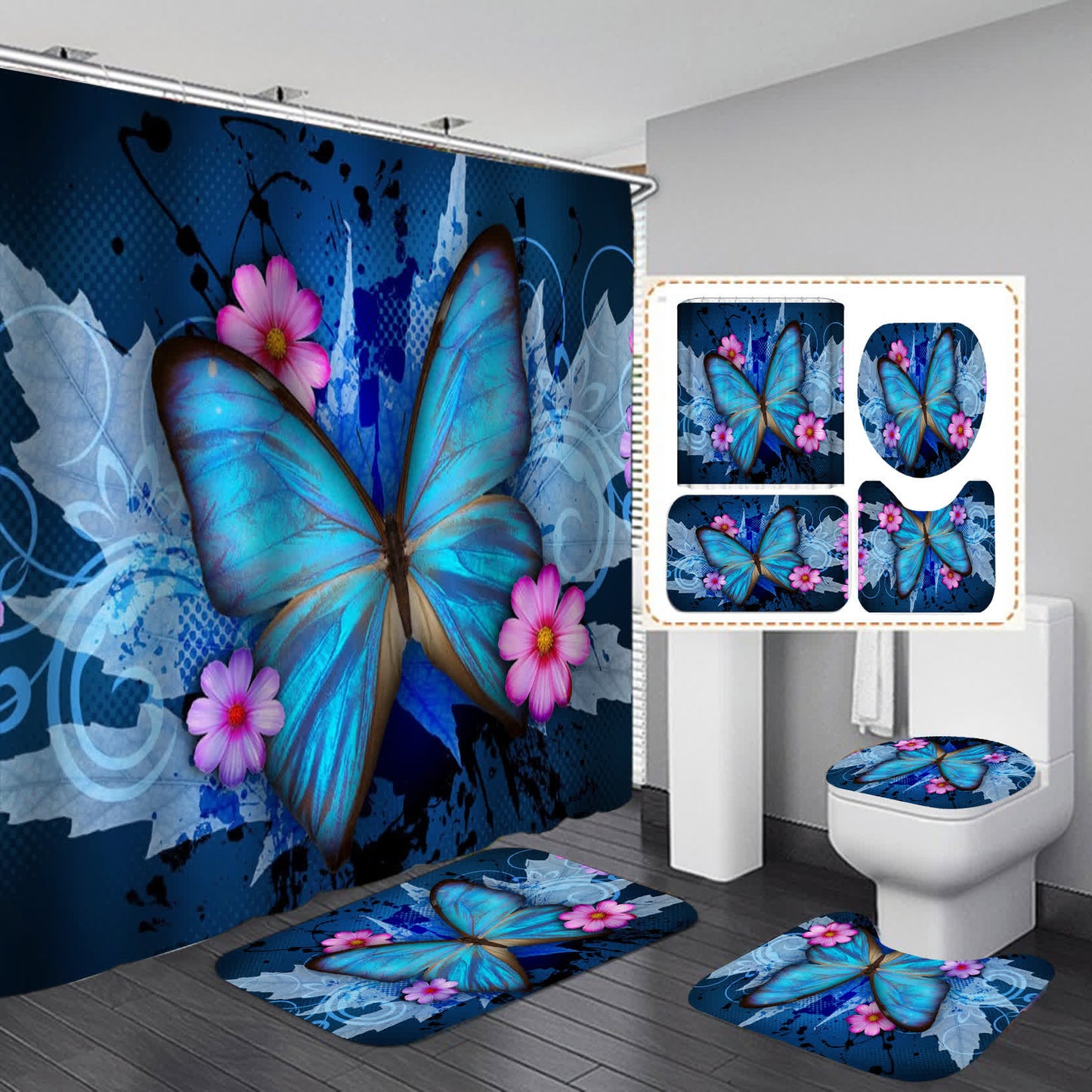 Rideau de douche imperméable avec fleurs et papillons
