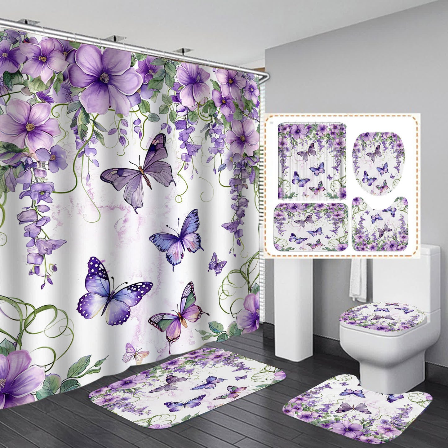 Rideau de douche imperméable avec fleurs et papillons